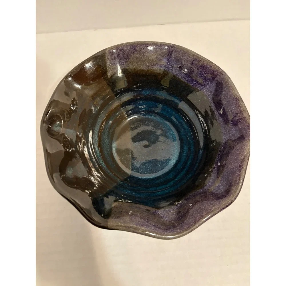 Dodge Studio Pottery Ruffled Bowl Set Purple Brown Glaze Signed Handcrafted 2pc